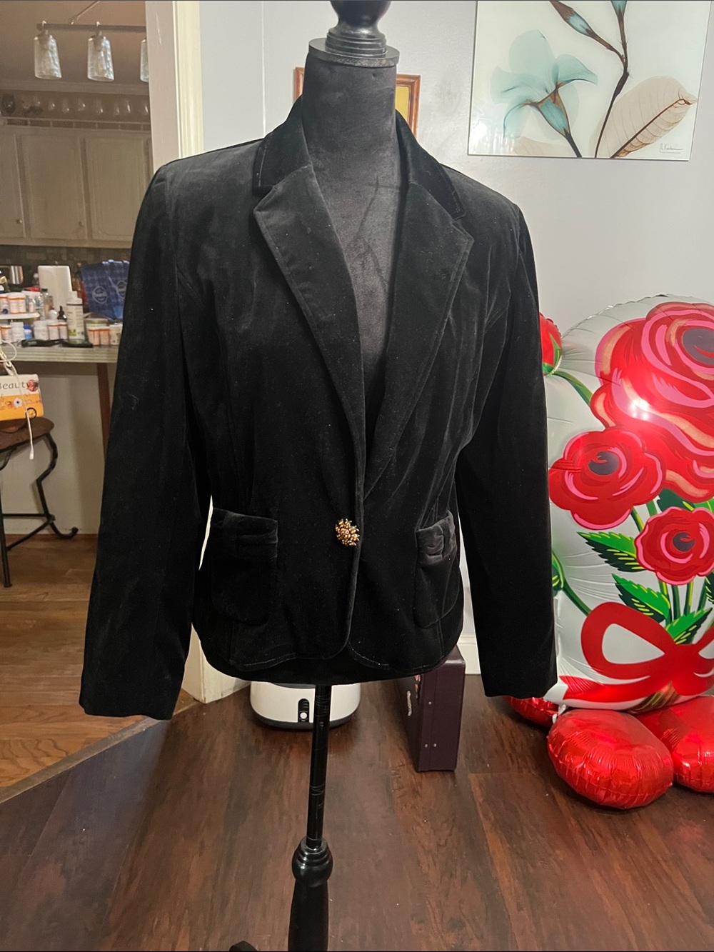 Black Velvet Women's Blazer with Decorative Gold-Tone Button